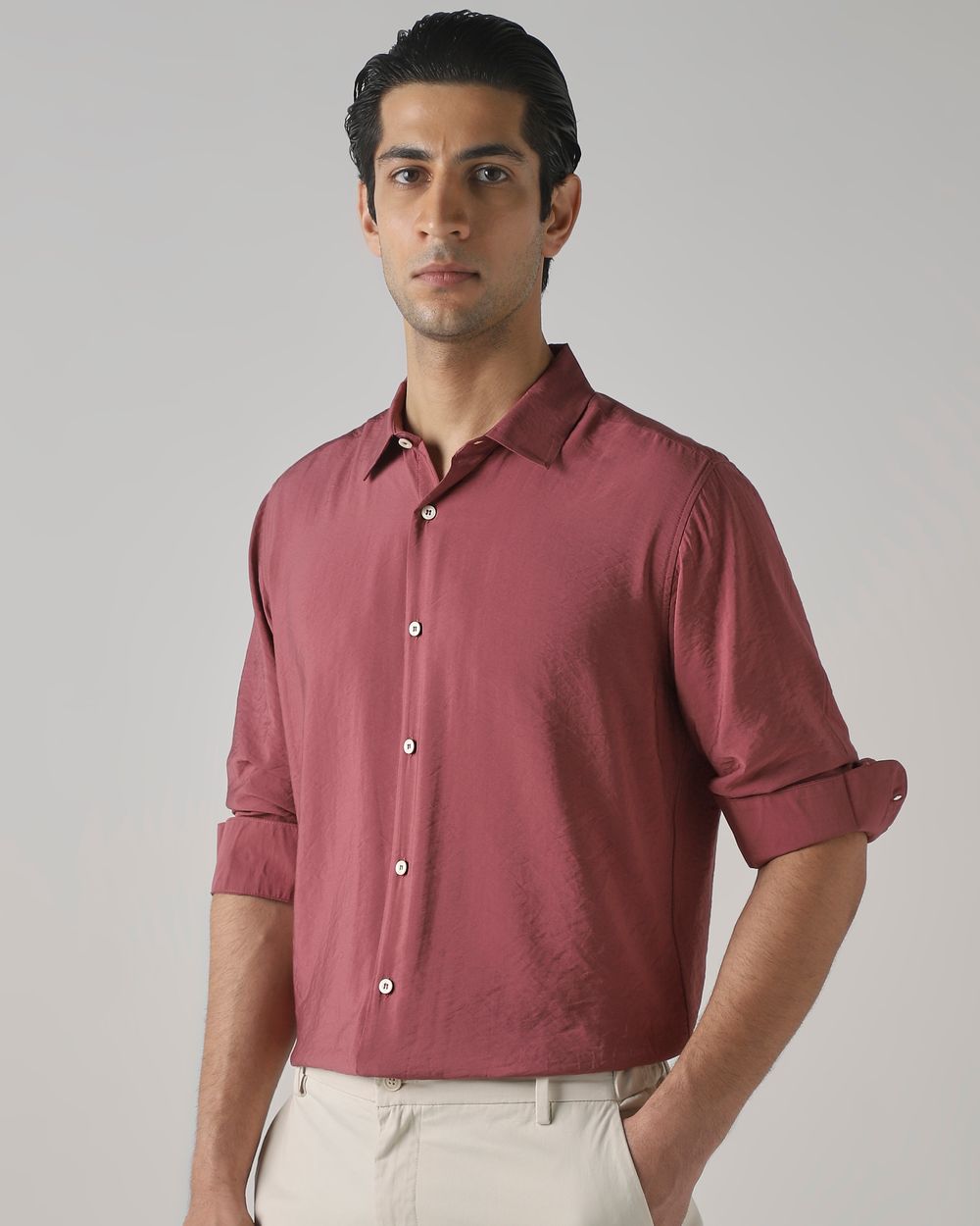 Pink Viscose Plain Slim Fit Casual Shirt