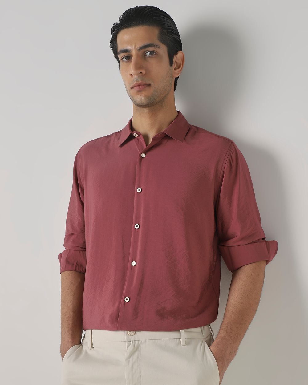 Pink Viscose Plain Slim Fit Casual Shirt