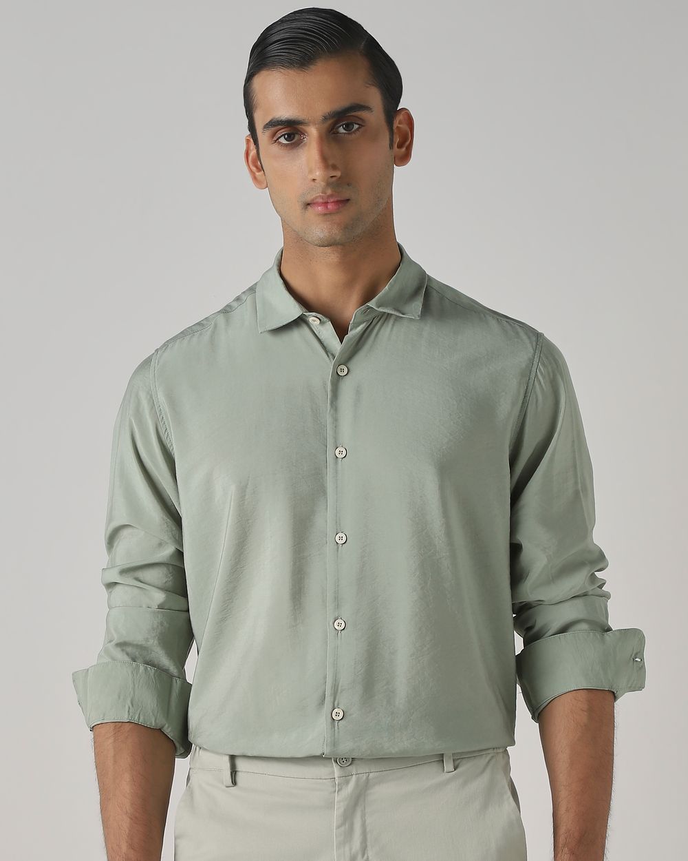 Light Green Viscose Plain Slim Fit Casual Shirt