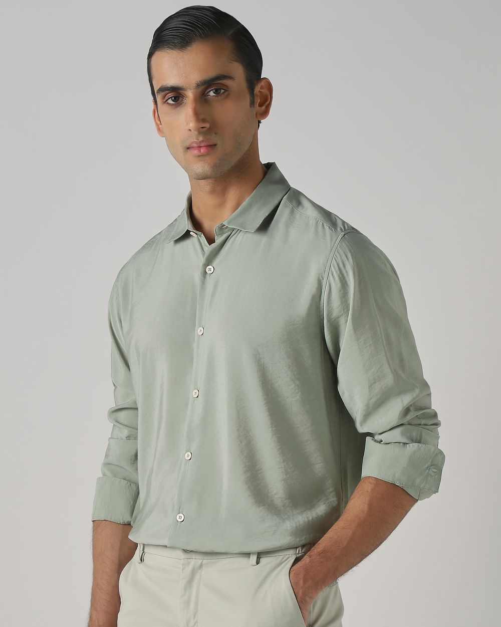 Light Green Viscose Plain Slim Fit Casual Shirt