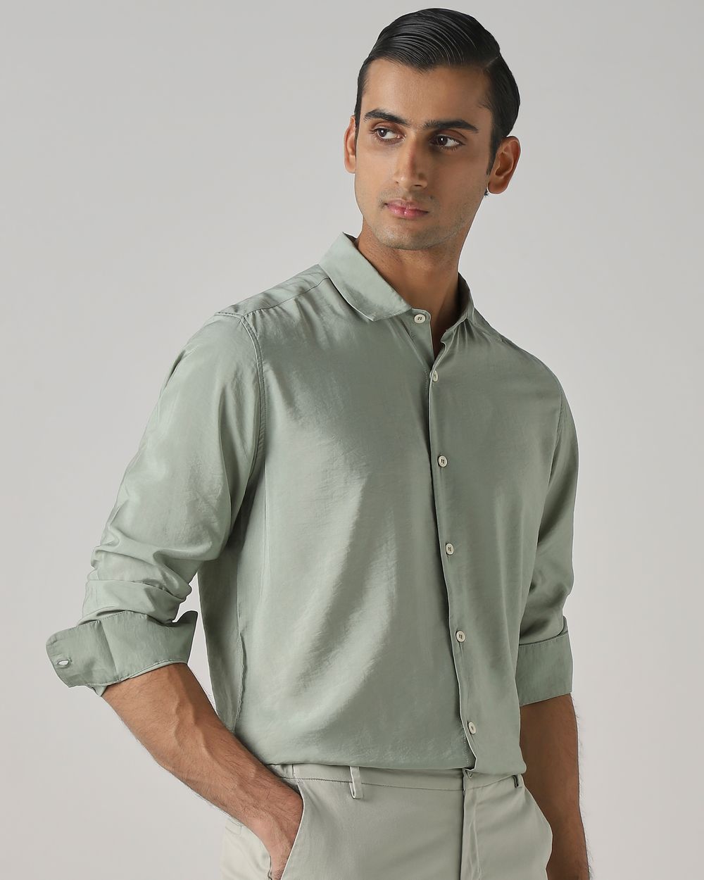 Light Green Viscose Plain Slim Fit Casual Shirt