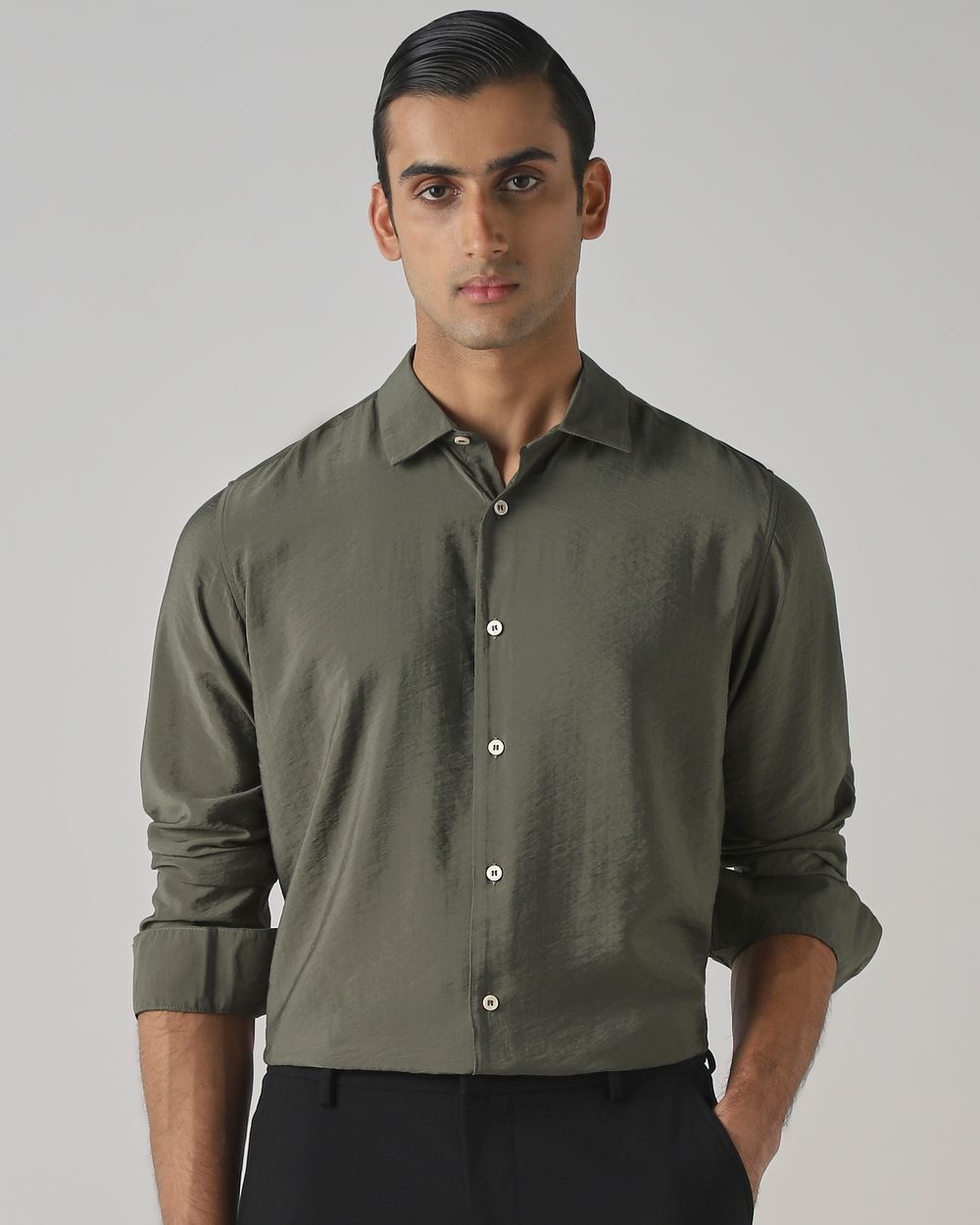 Dark Green Viscose Plain Slim Fit Casual Shirt