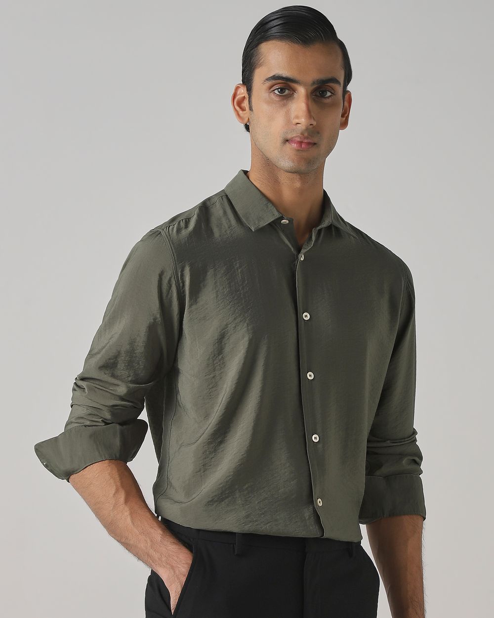 Dark Green Viscose Plain Slim Fit Casual Shirt