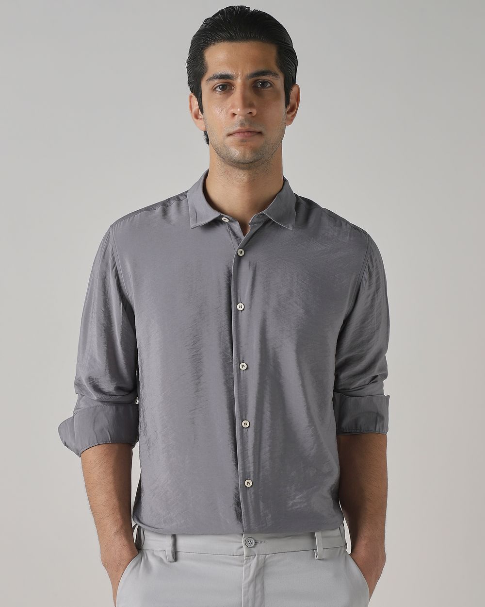 Grey Viscose Plain Slim Fit Casual Shirt