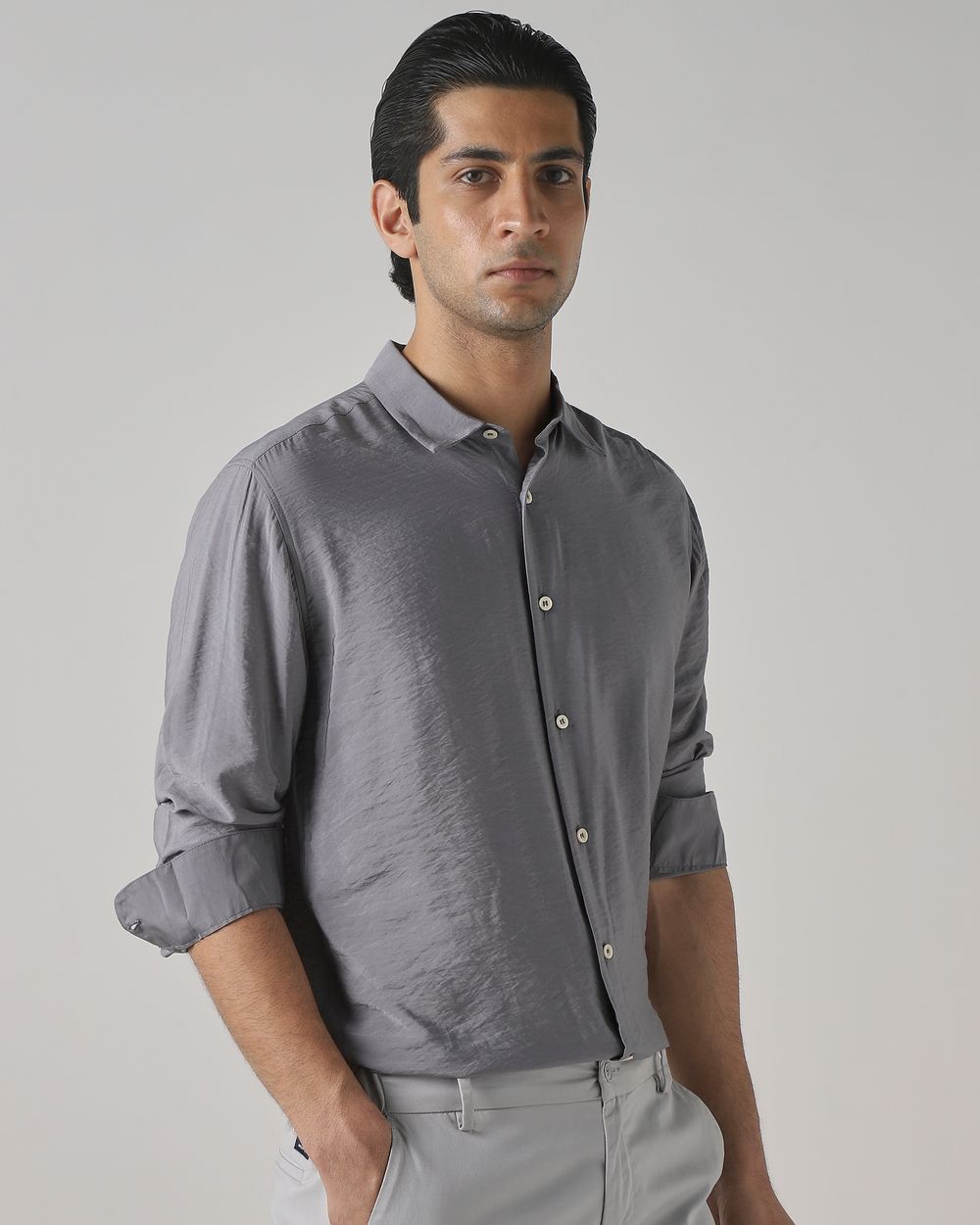 Grey Viscose Plain Slim Fit Casual Shirt