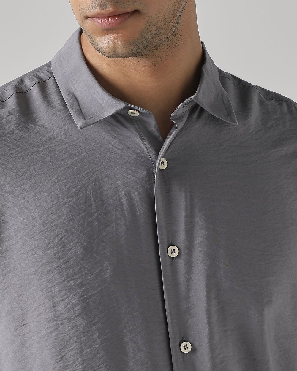 Grey Viscose Plain Slim Fit Casual Shirt