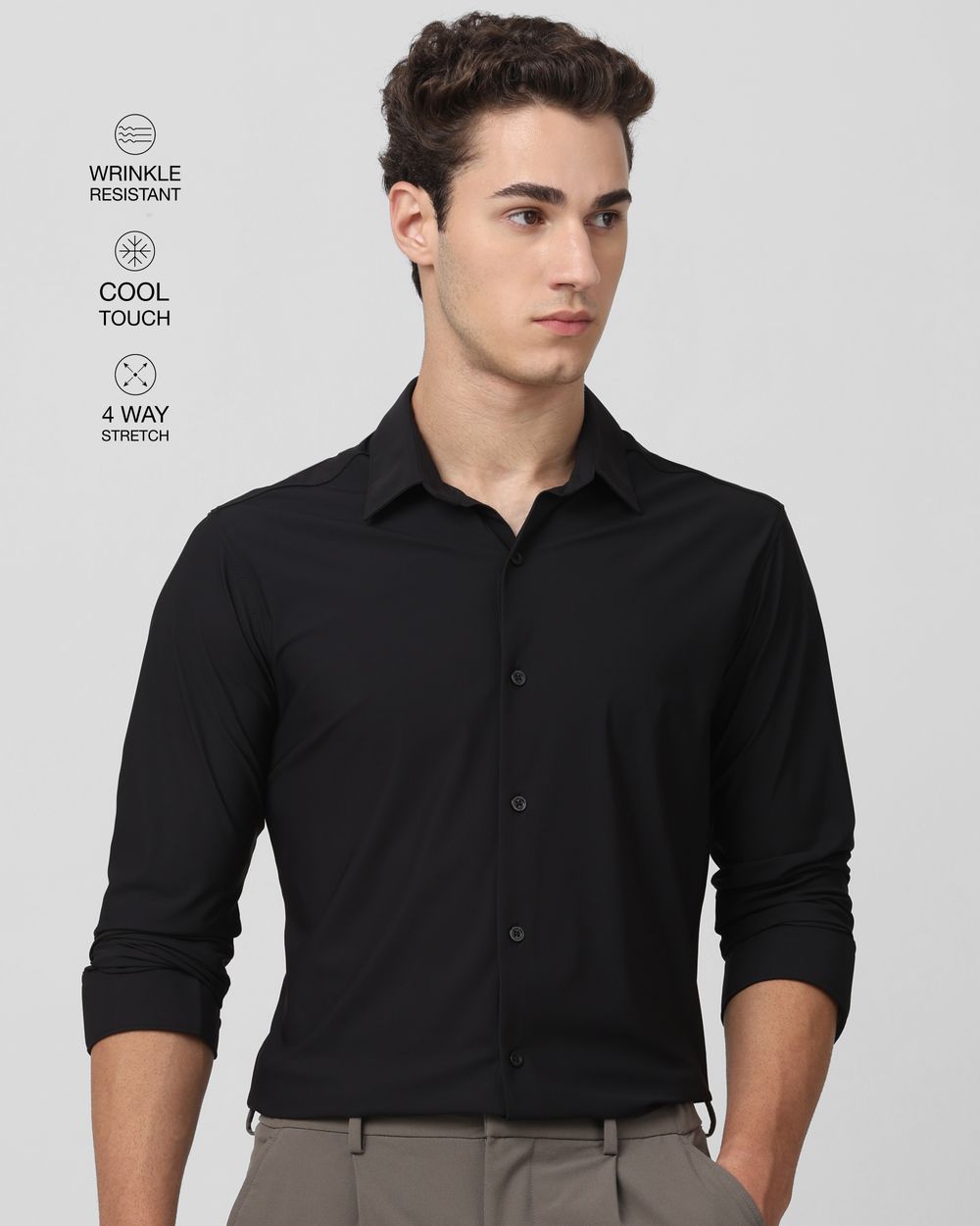 Black Knitted Plain Stretch Slim Fit Casual Shirt