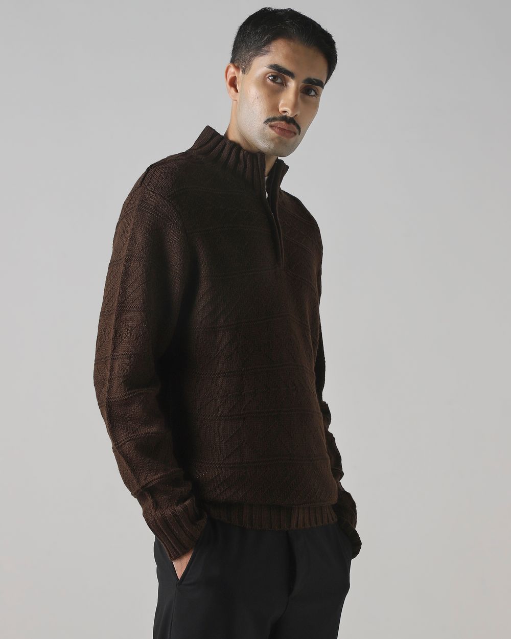 Brown Textured Slim Fit Sweater