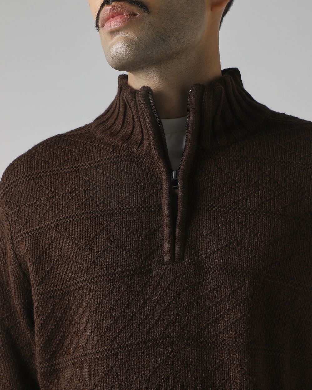 Brown Textured Slim Fit Sweater