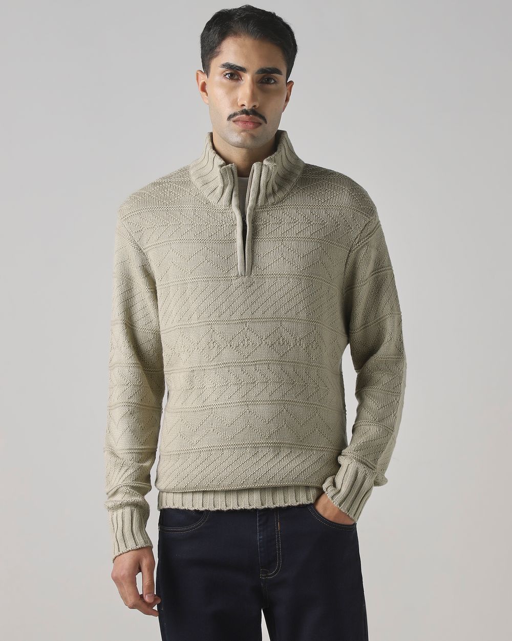 Beige Textured Slim Fit Sweater