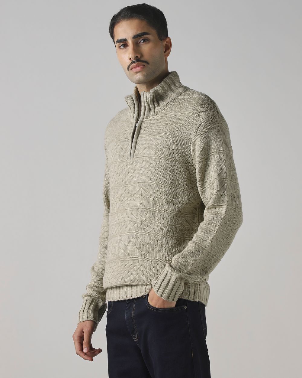 Beige Textured Slim Fit Sweater