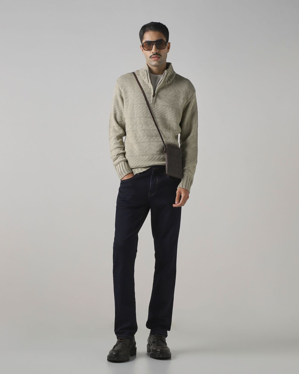 Beige Textured Slim Fit Sweater