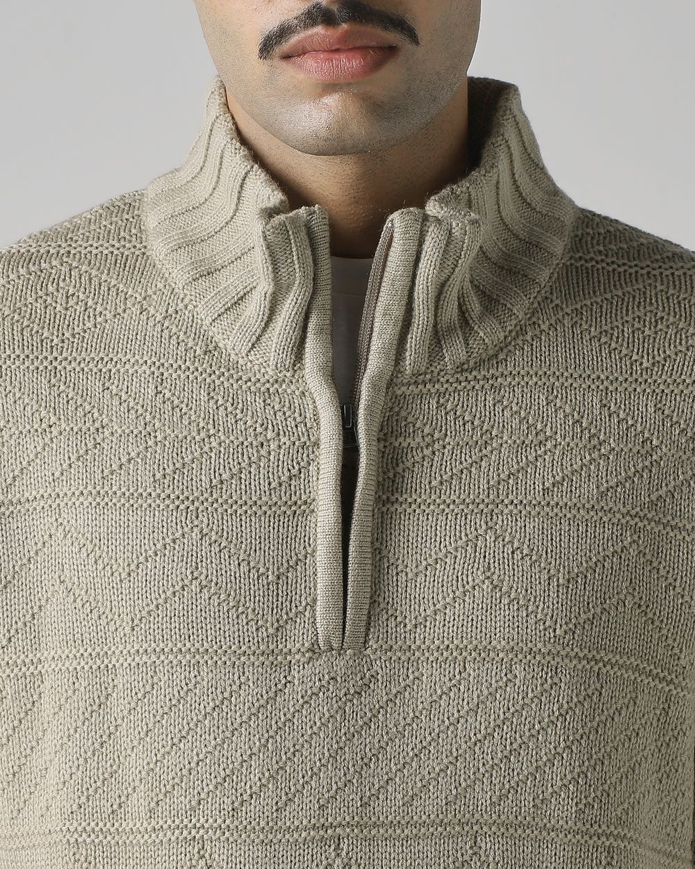Beige Textured Slim Fit Sweater