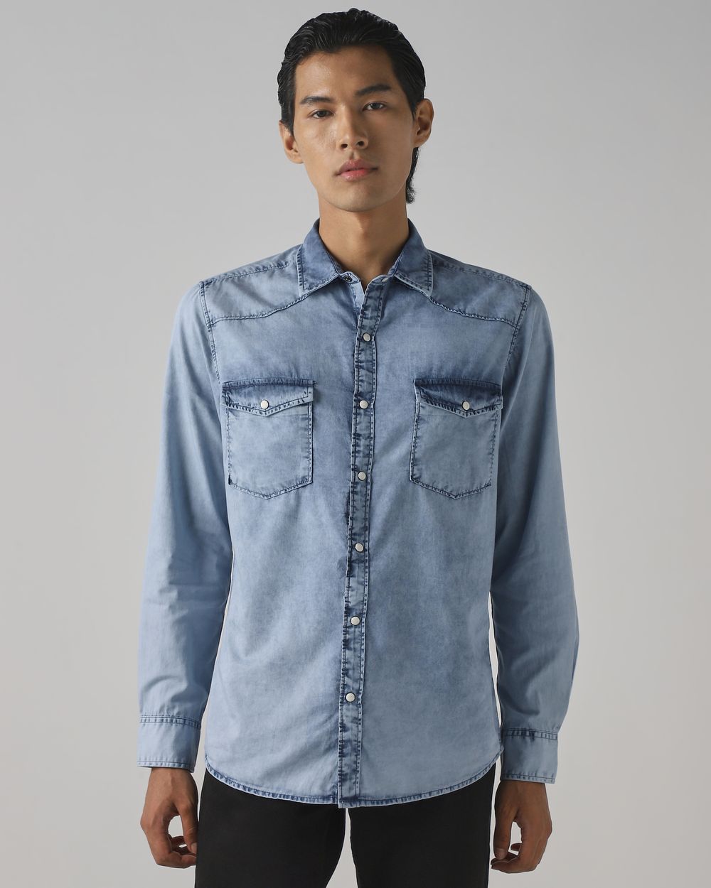 Light Blue Denim Plain Slim Fit Casual Shirt