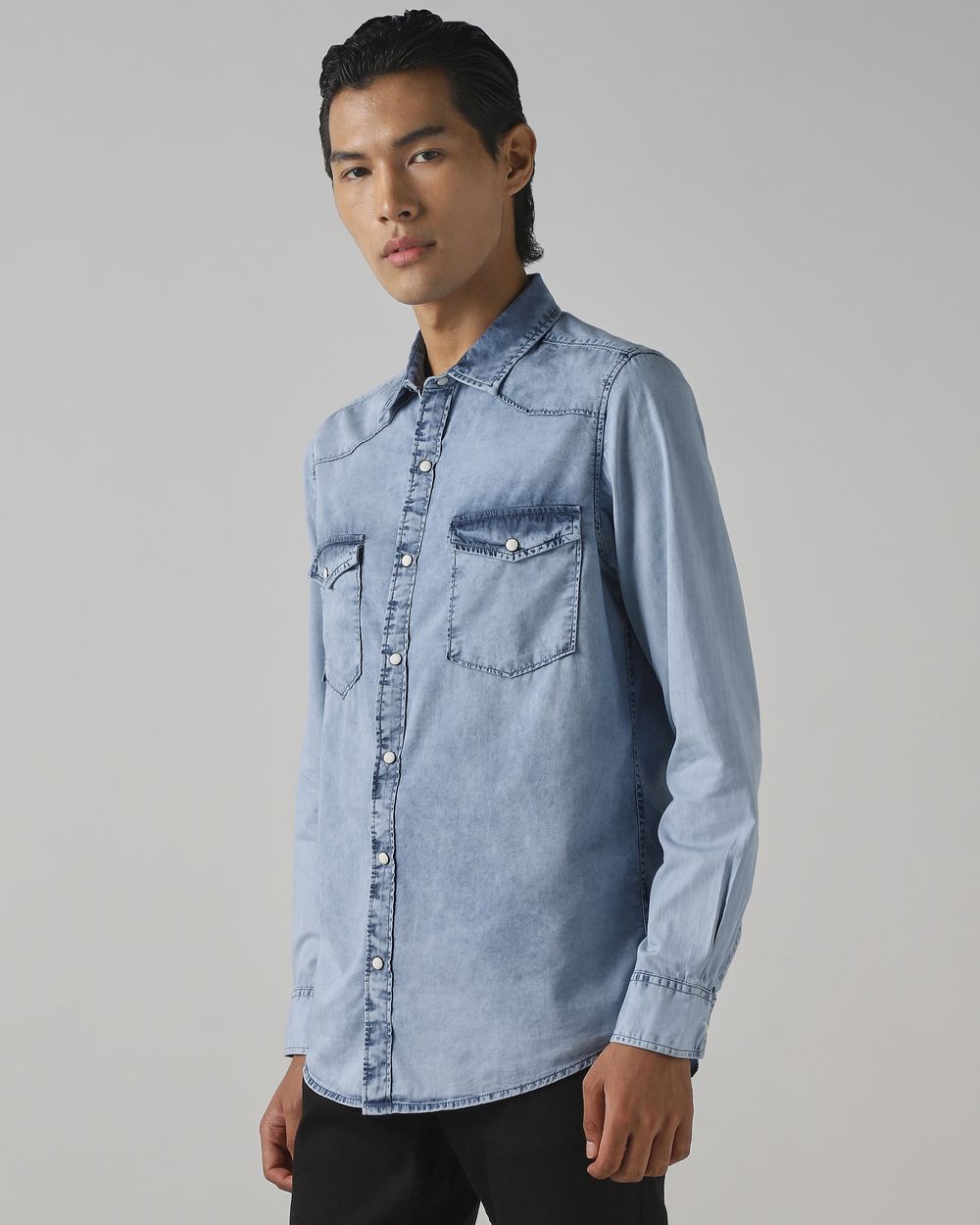 Light Blue Denim Plain Slim Fit Casual Shirt
