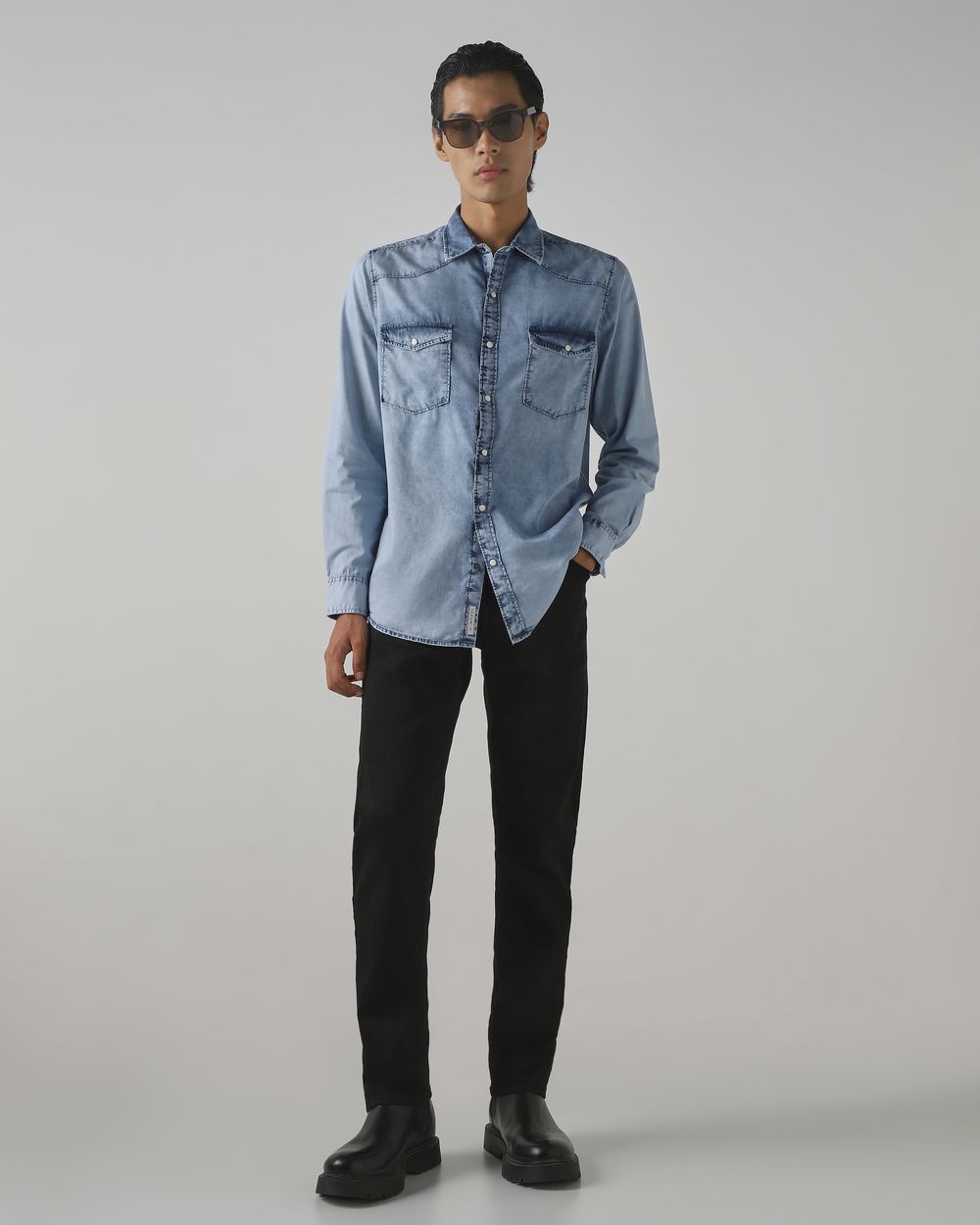Light Blue Denim Plain Slim Fit Casual Shirt