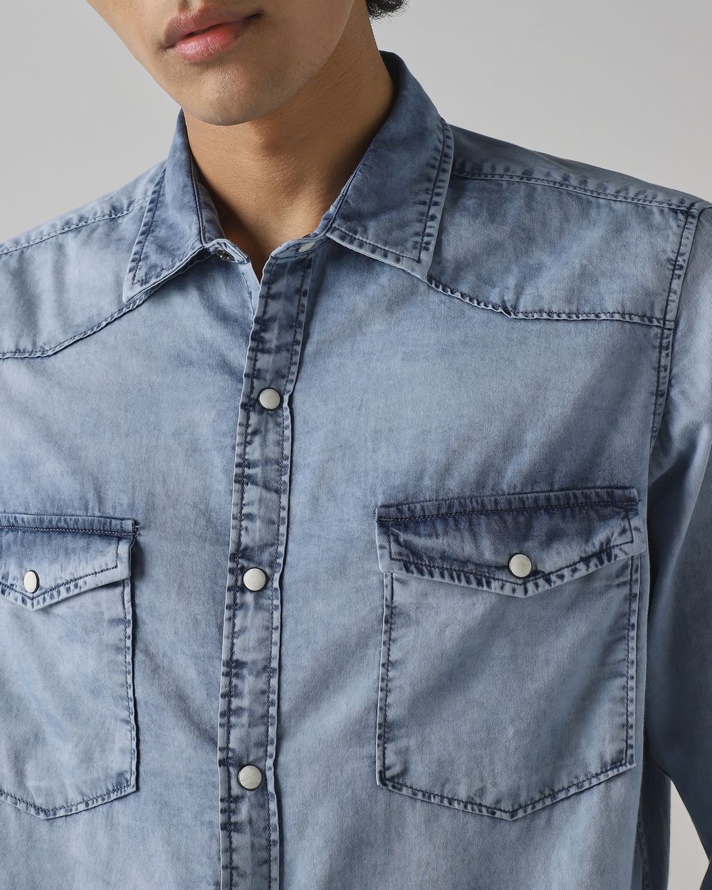 Light Blue Denim Plain Slim Fit Casual Shirt
