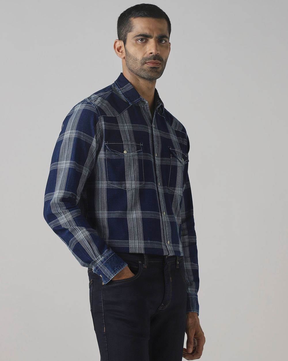 Dark Indigo Blue Denim Check Slim Fit Casual Shirt