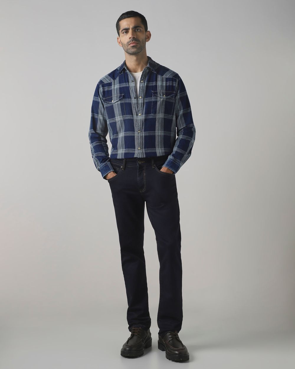 Dark Indigo Blue Denim Check Slim Fit Casual Shirt