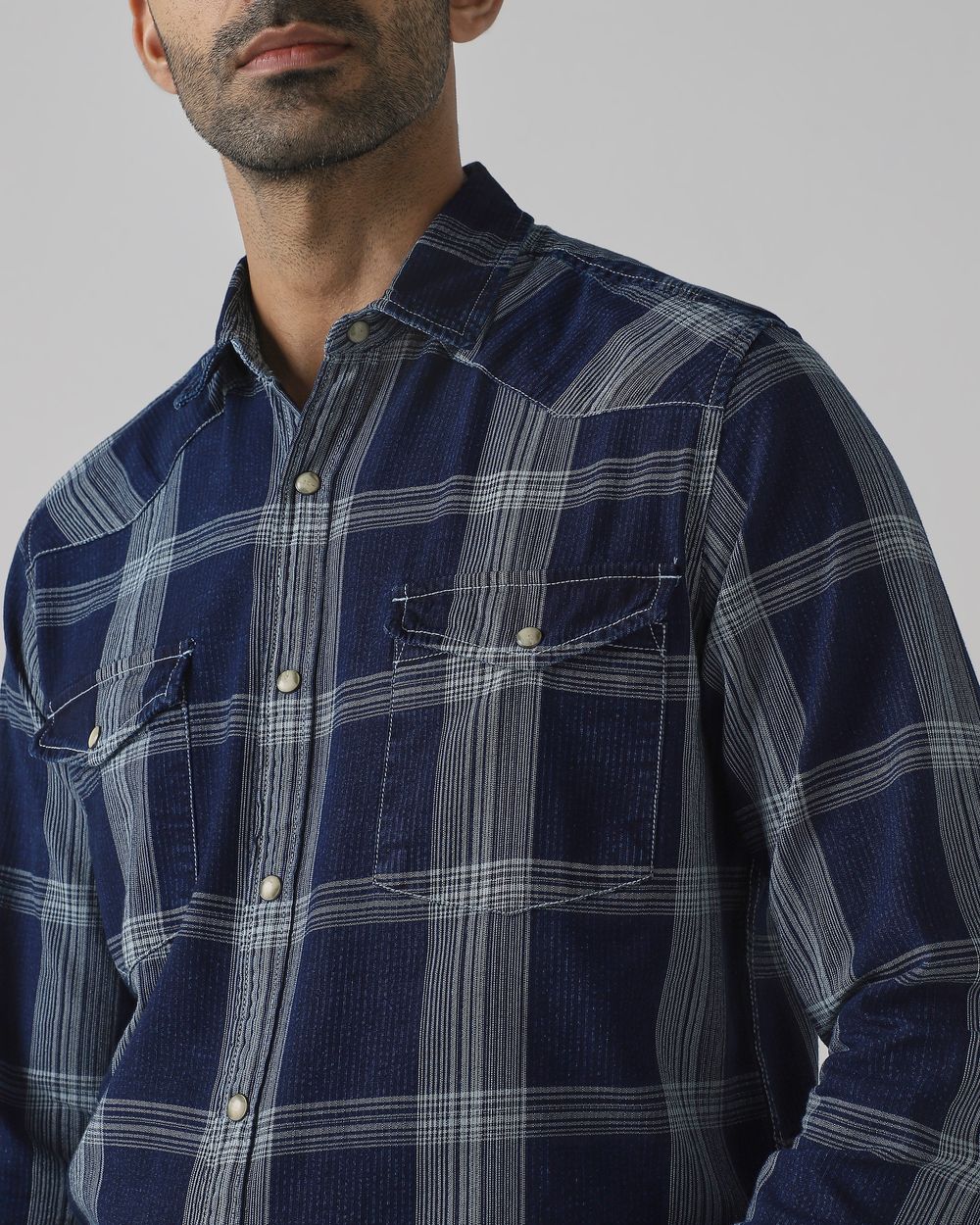 Dark Indigo Blue Denim Check Slim Fit Casual Shirt