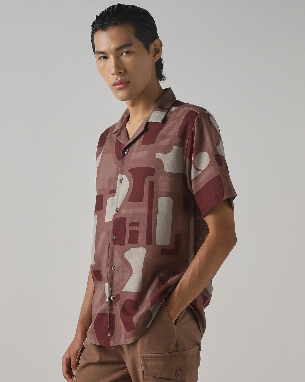 Brown Geometric Print Relaxed Fit Casual Shirt