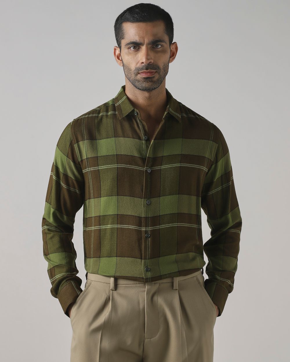 Olive Flannel Check Slim Fit Casual Shirt