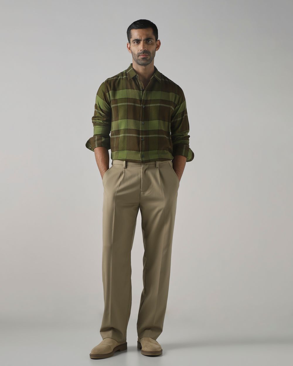 Olive Flannel Check Slim Fit Casual Shirt