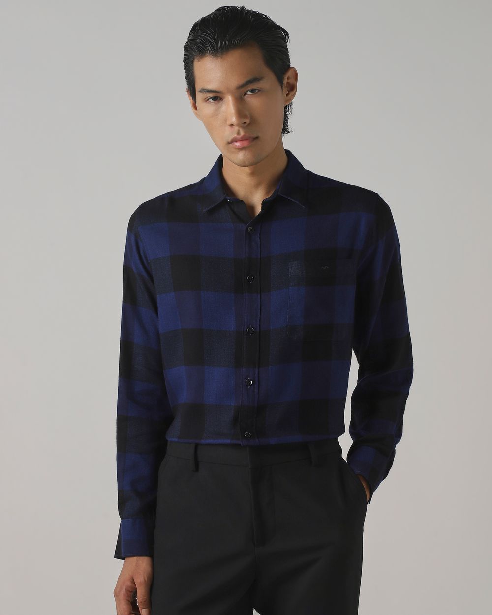 Navy Flannel Check Slim Fit Casual Shirt