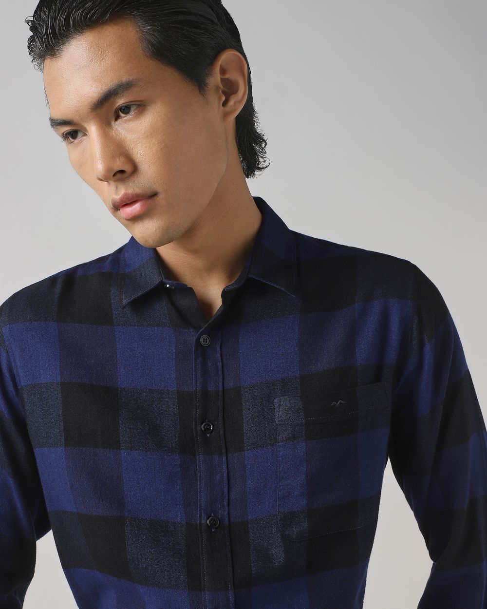 Navy Flannel Check Slim Fit Casual Shirt