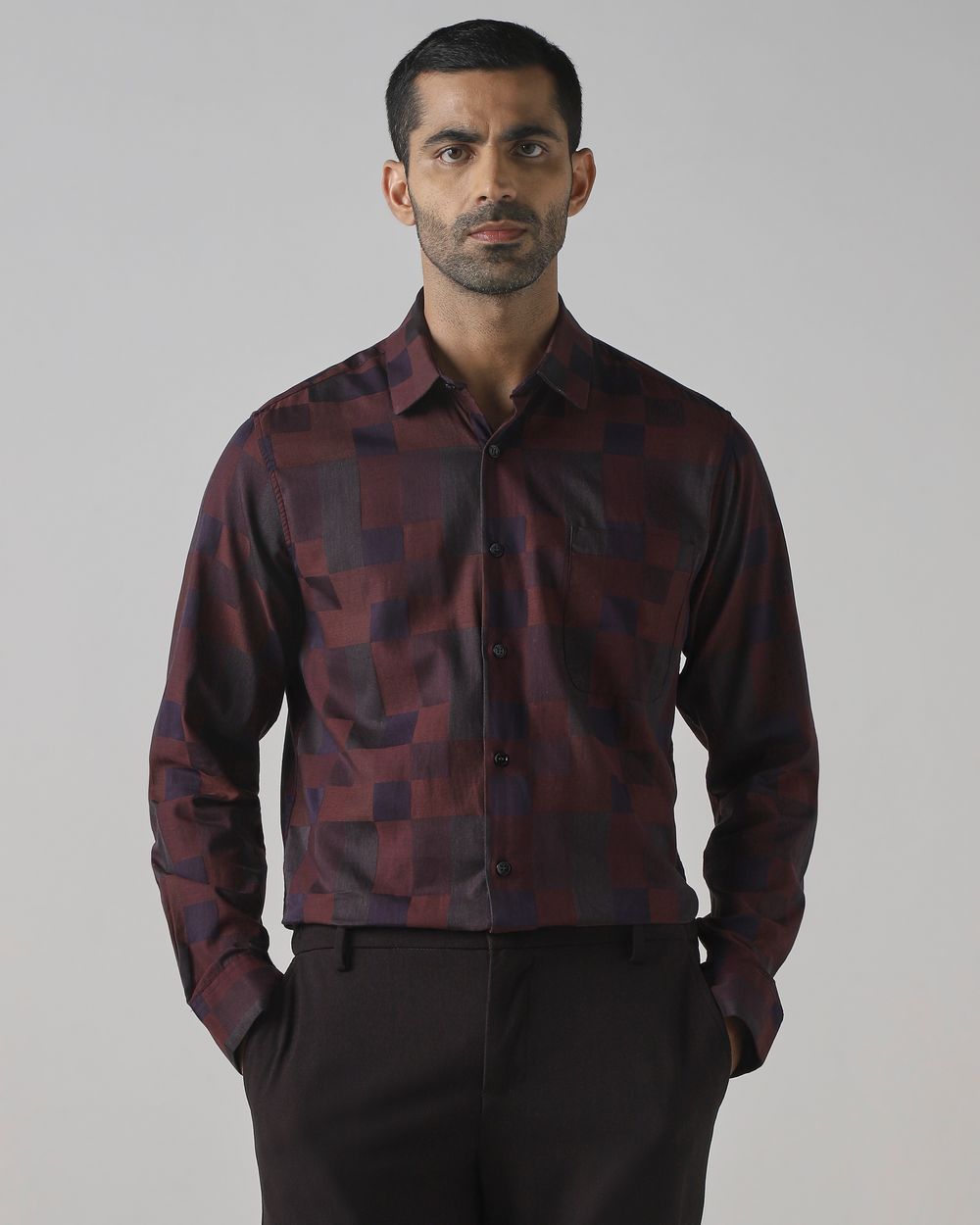 Plum Dobby Check Slim Fit Casual Shirt