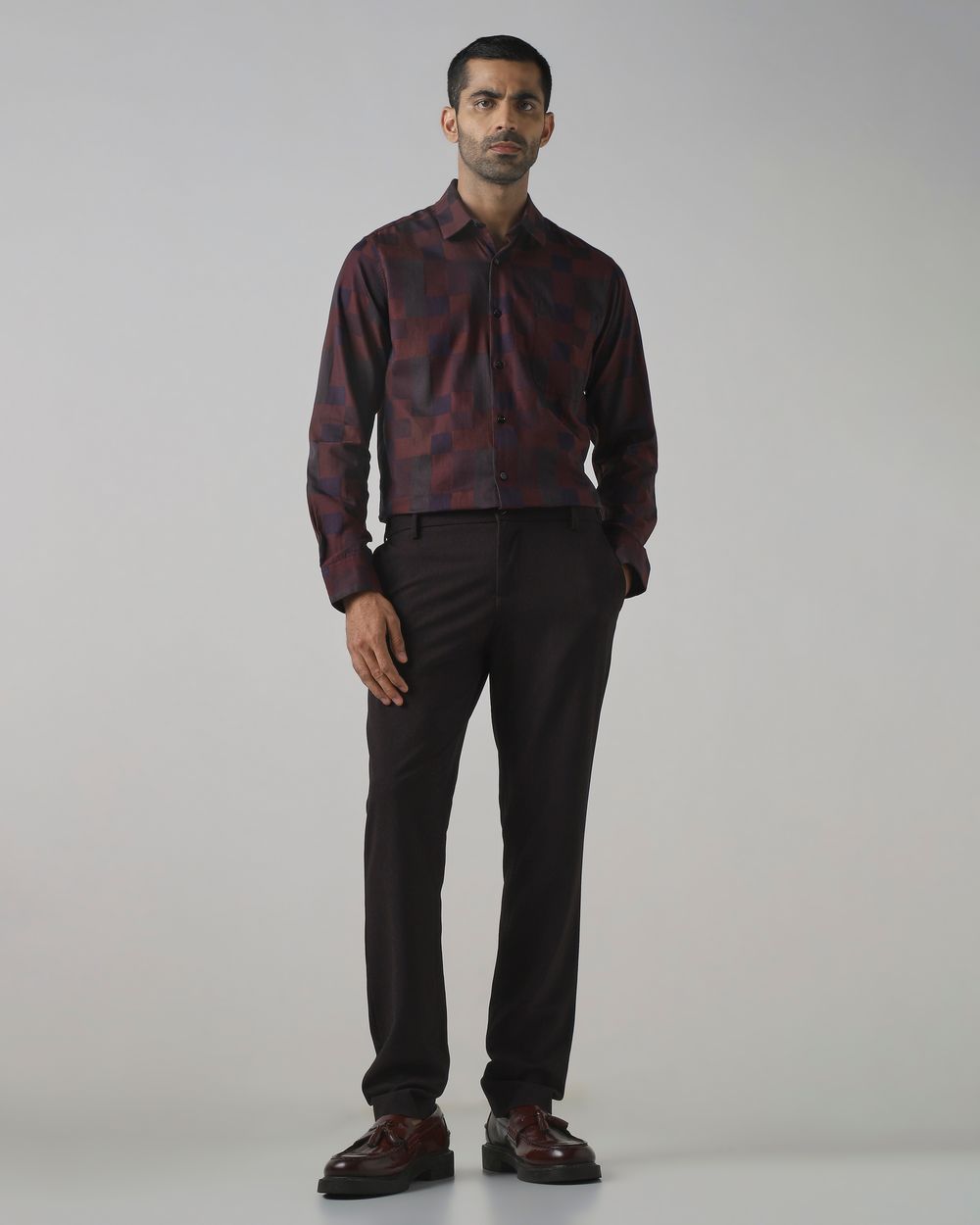 Plum Dobby Check Slim Fit Casual Shirt