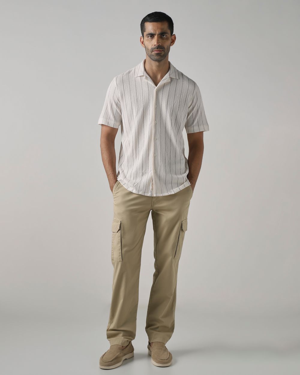 Off White Crinkle Stripe Stretch Relaxed Fit Casual Shirt