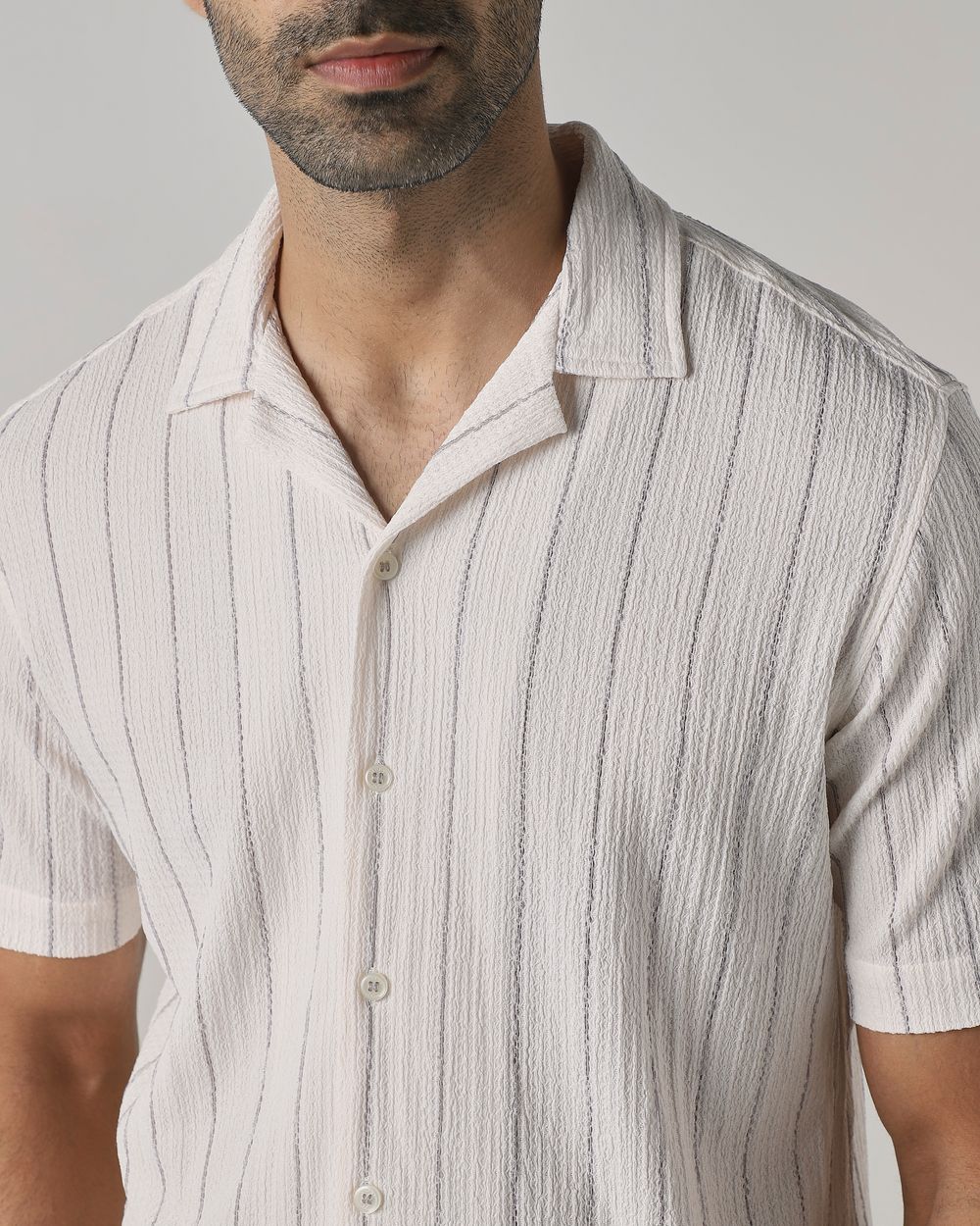 Off White Crinkle Stripe Stretch Relaxed Fit Casual Shirt