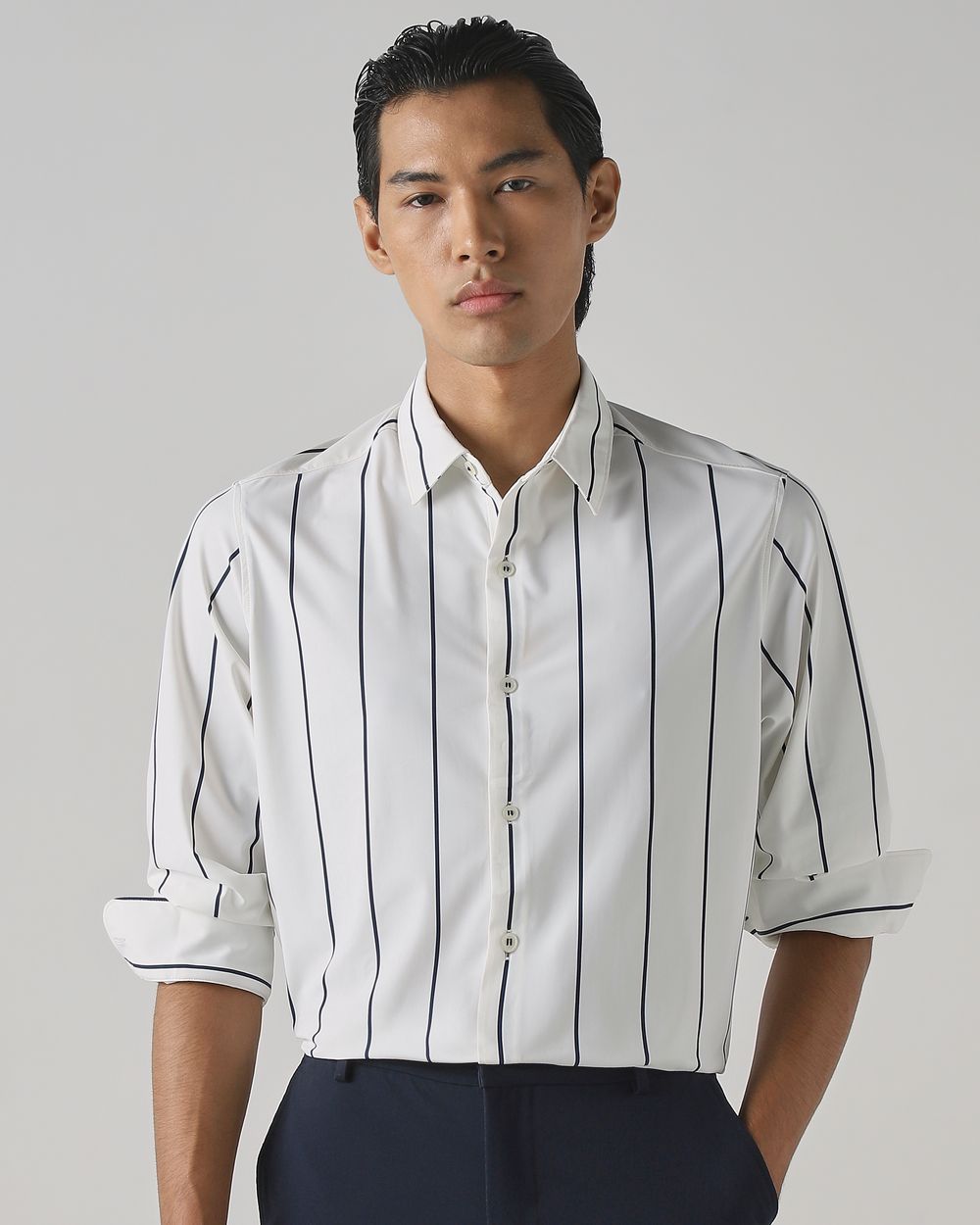 White Scuba Stretch Stripe Slim Fit Casual Shirt