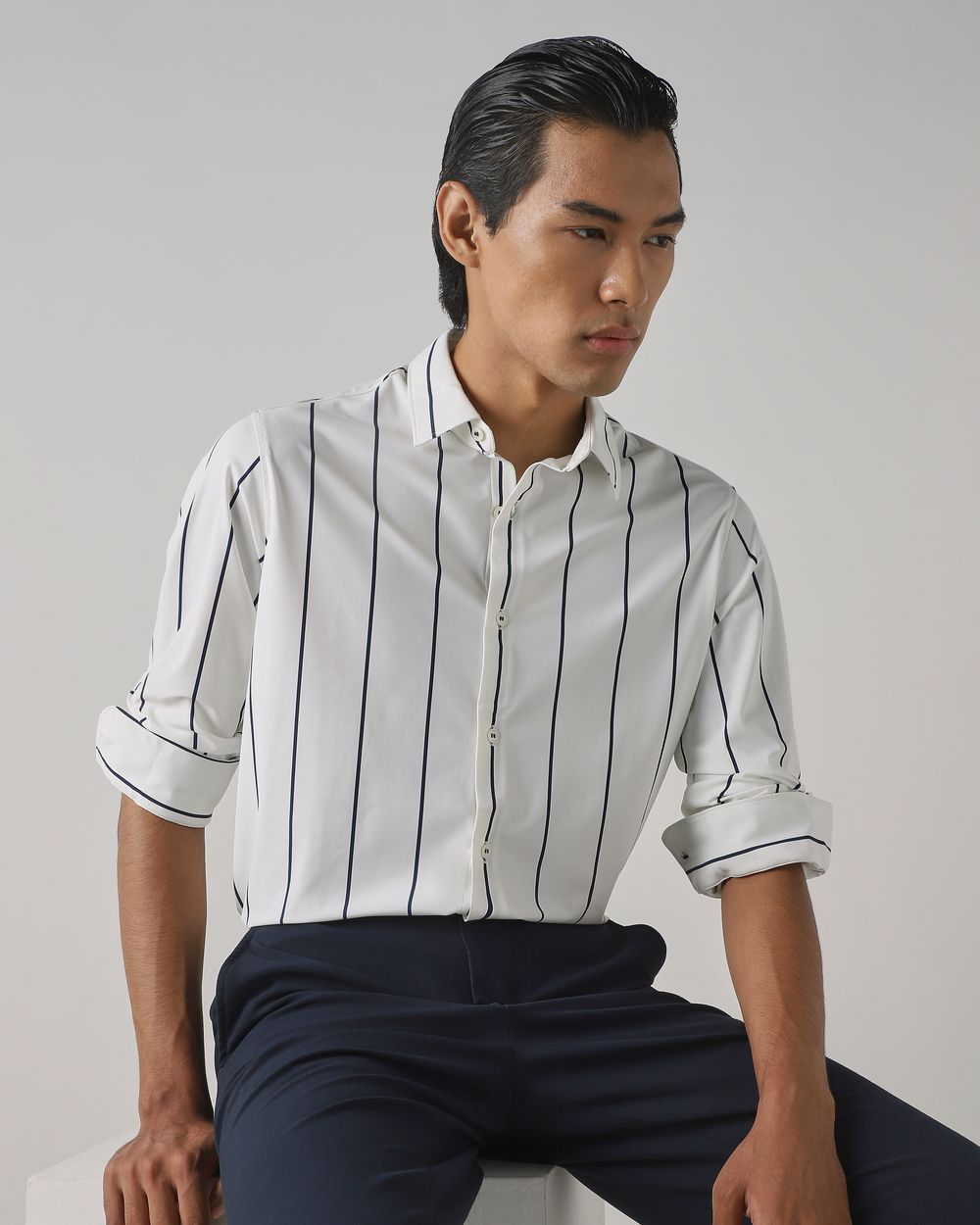 White Scuba Stretch Stripe Slim Fit Casual Shirt