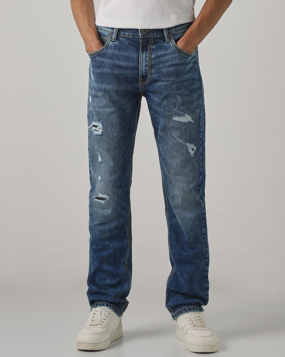 Mid Blue Straight Fit Distressed Jeans