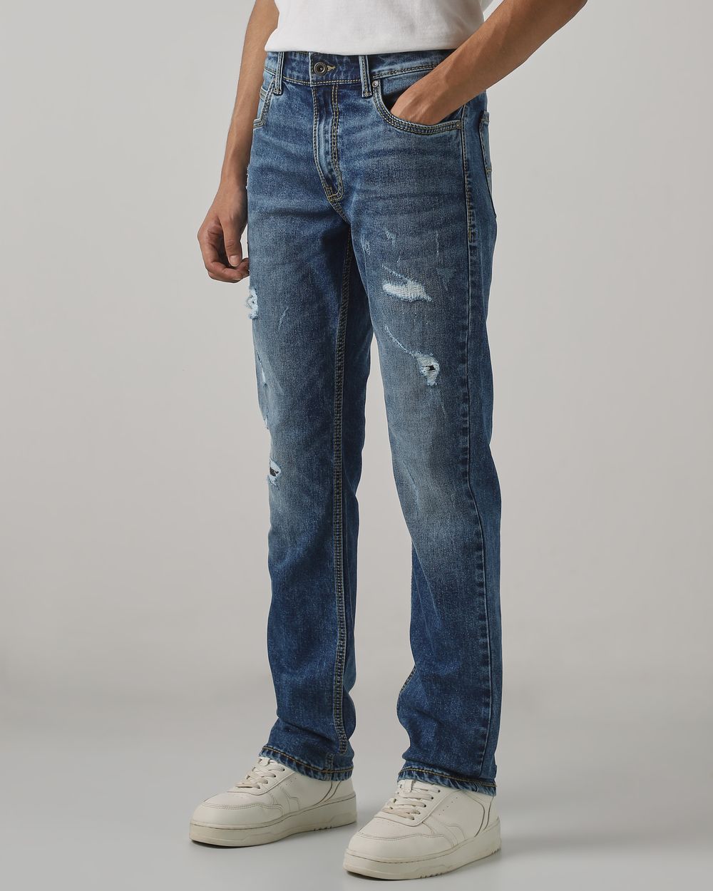 Mid Blue Straight Fit Distressed Jeans