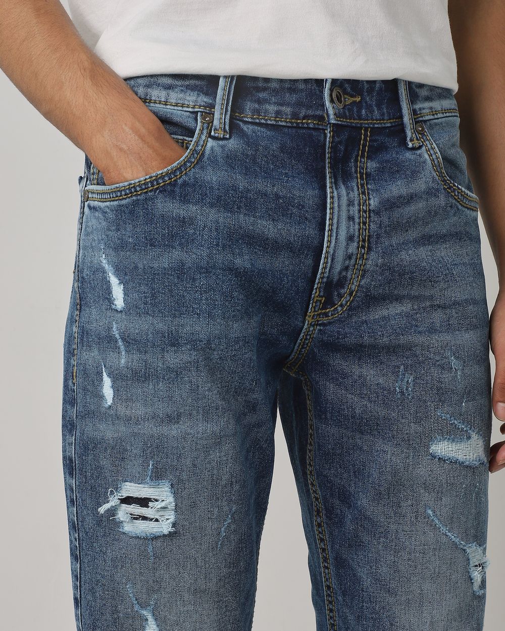 Mid Blue Straight Fit Distressed Jeans