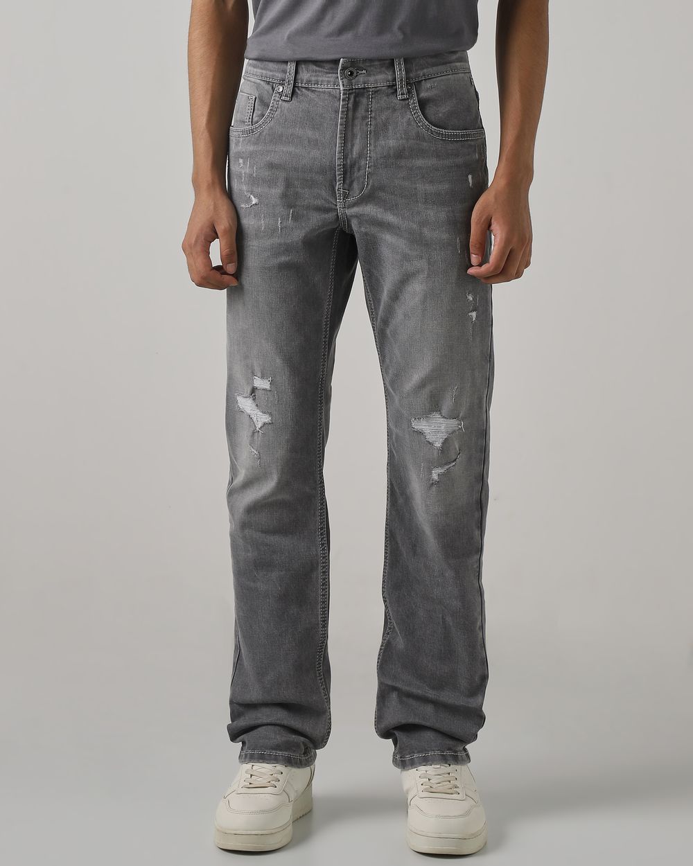 Grey Straight Fit Distressed Jeans