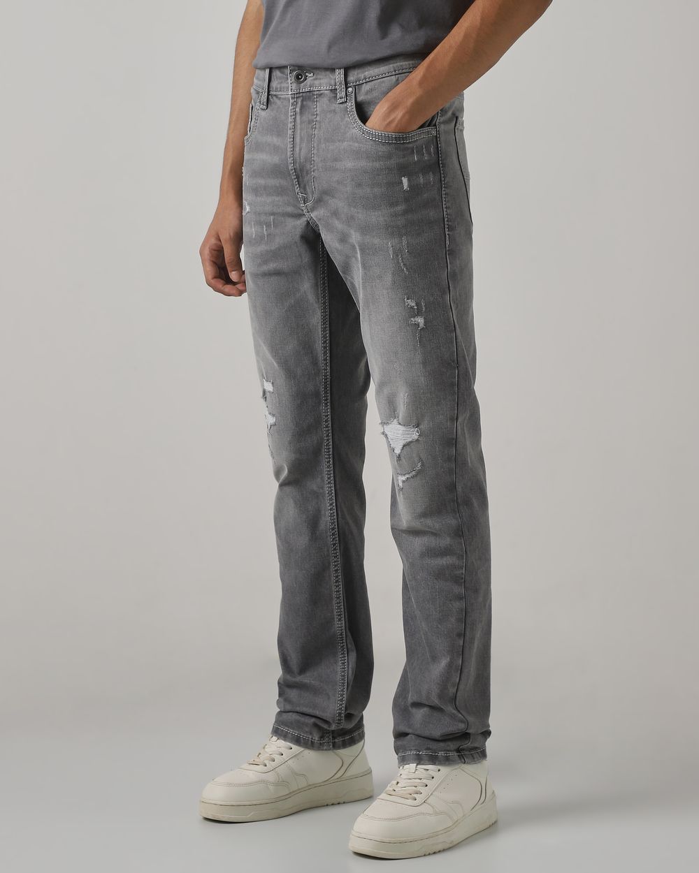 Grey Straight Fit Distressed Jeans