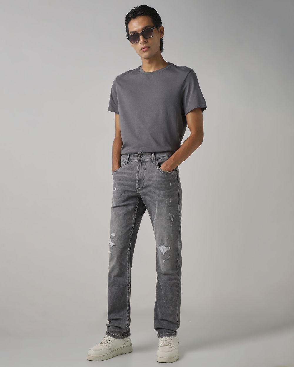 Grey Straight Fit Distressed Jeans