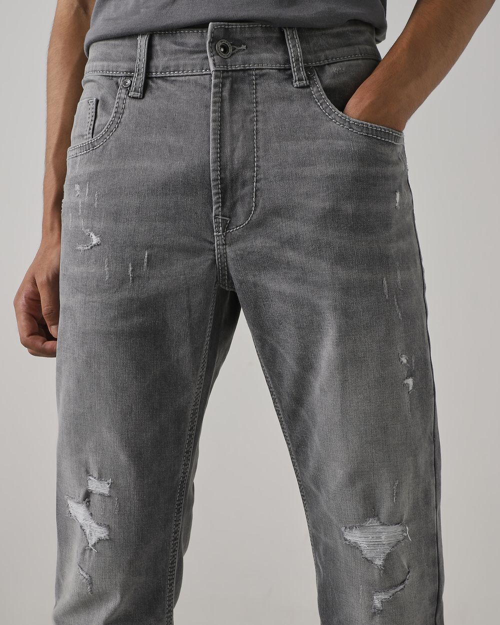 Grey Straight Fit Distressed Jeans