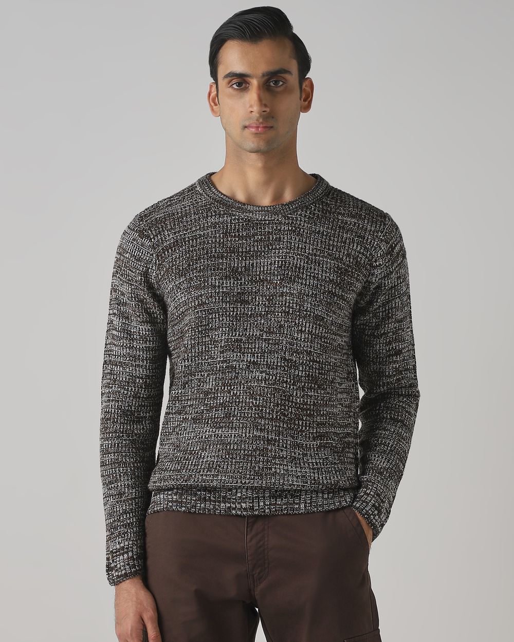 Brown Textured Slim Fit Sweater