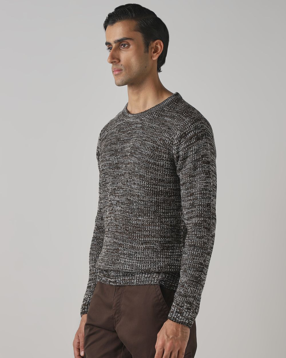 Brown Textured Slim Fit Sweater