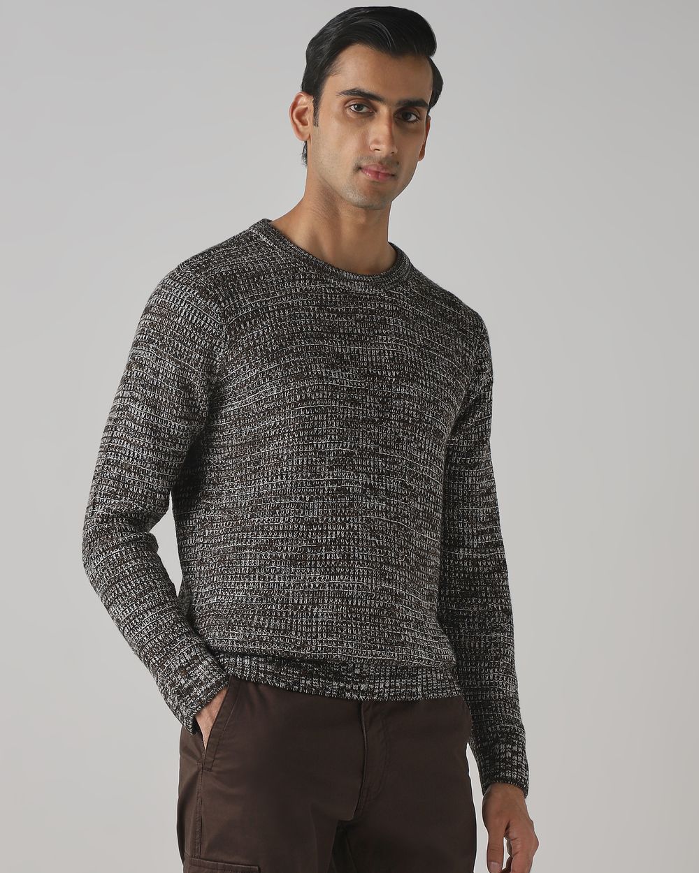 Brown Textured Slim Fit Sweater
