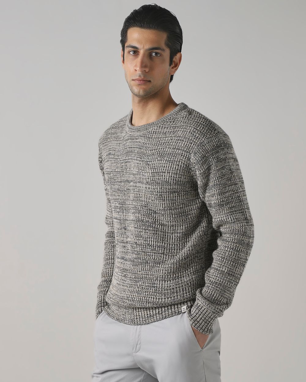 Beige Textured Slim Fit Sweater