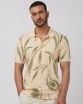 Beige Leaf Print Slim Fit Polo