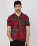 Maroon Floral Print Slim Fit Pique Polo