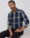 Deep Indigo Blue Denim Check Slim Fit Casual Shirt