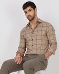 Khaki Windowpane Check Slim Fit Casual Shirt